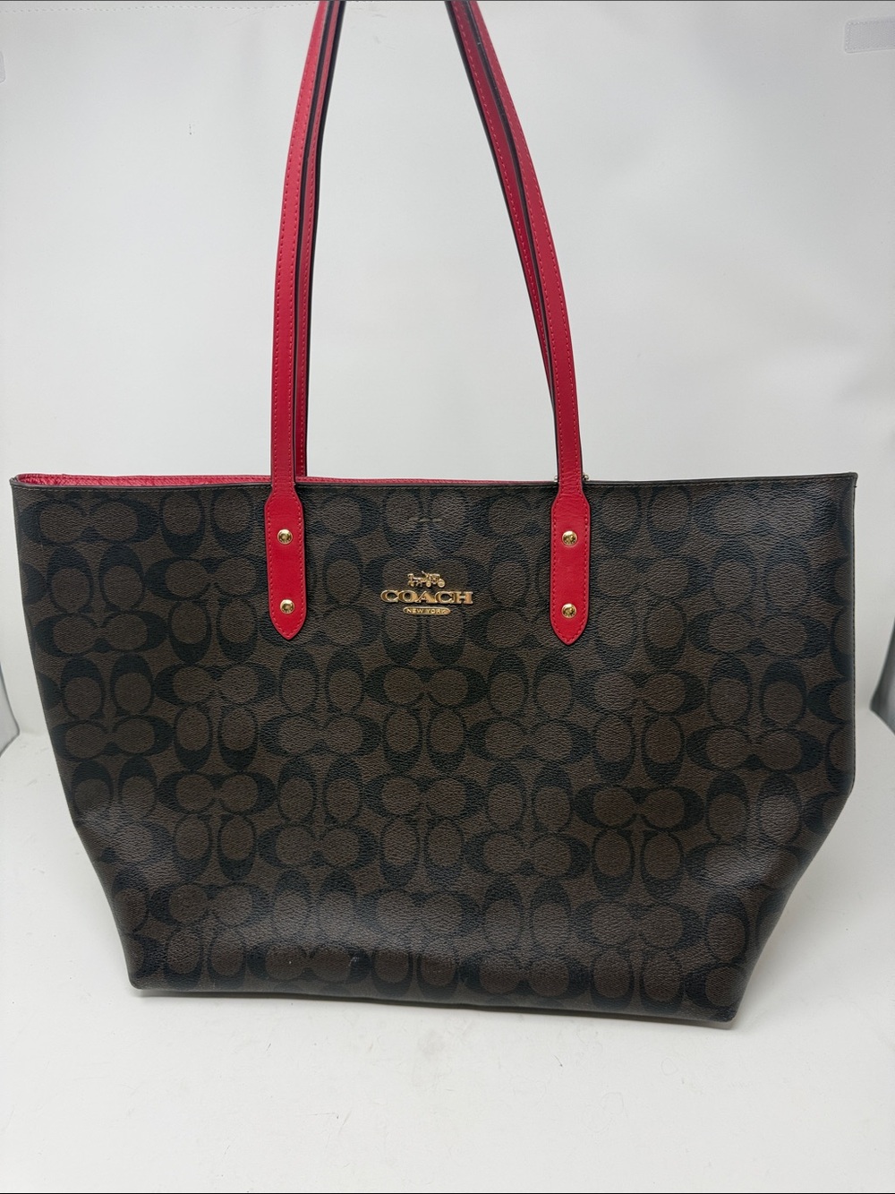 Coach City Zip Tote Brown Signature C Red Leather Shoulder Bag